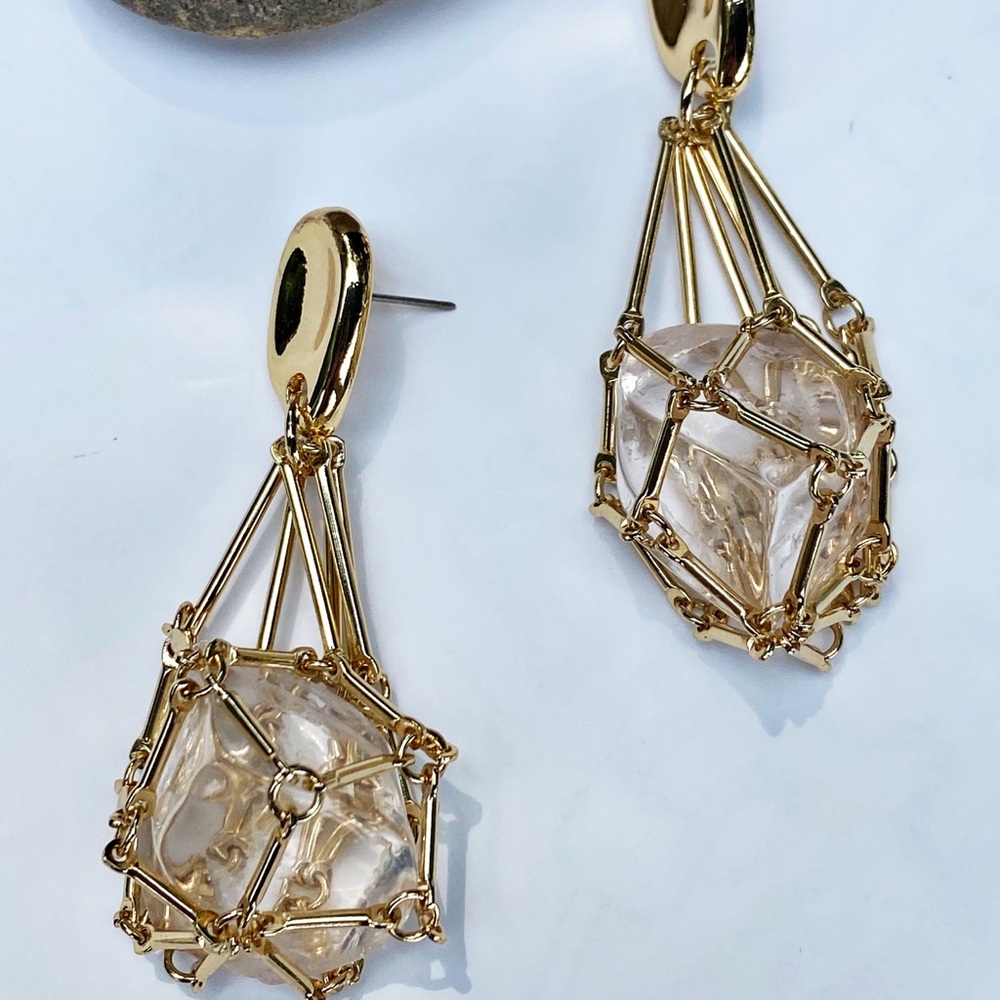 NEW Gold & Crystal Cage Drop Earrings - Picture 3 of 10